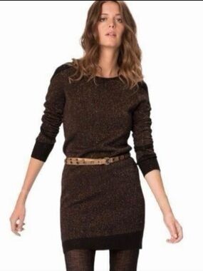 Maje Bronze Metallic Knit Long-Sleeve Mini Sweater Dress